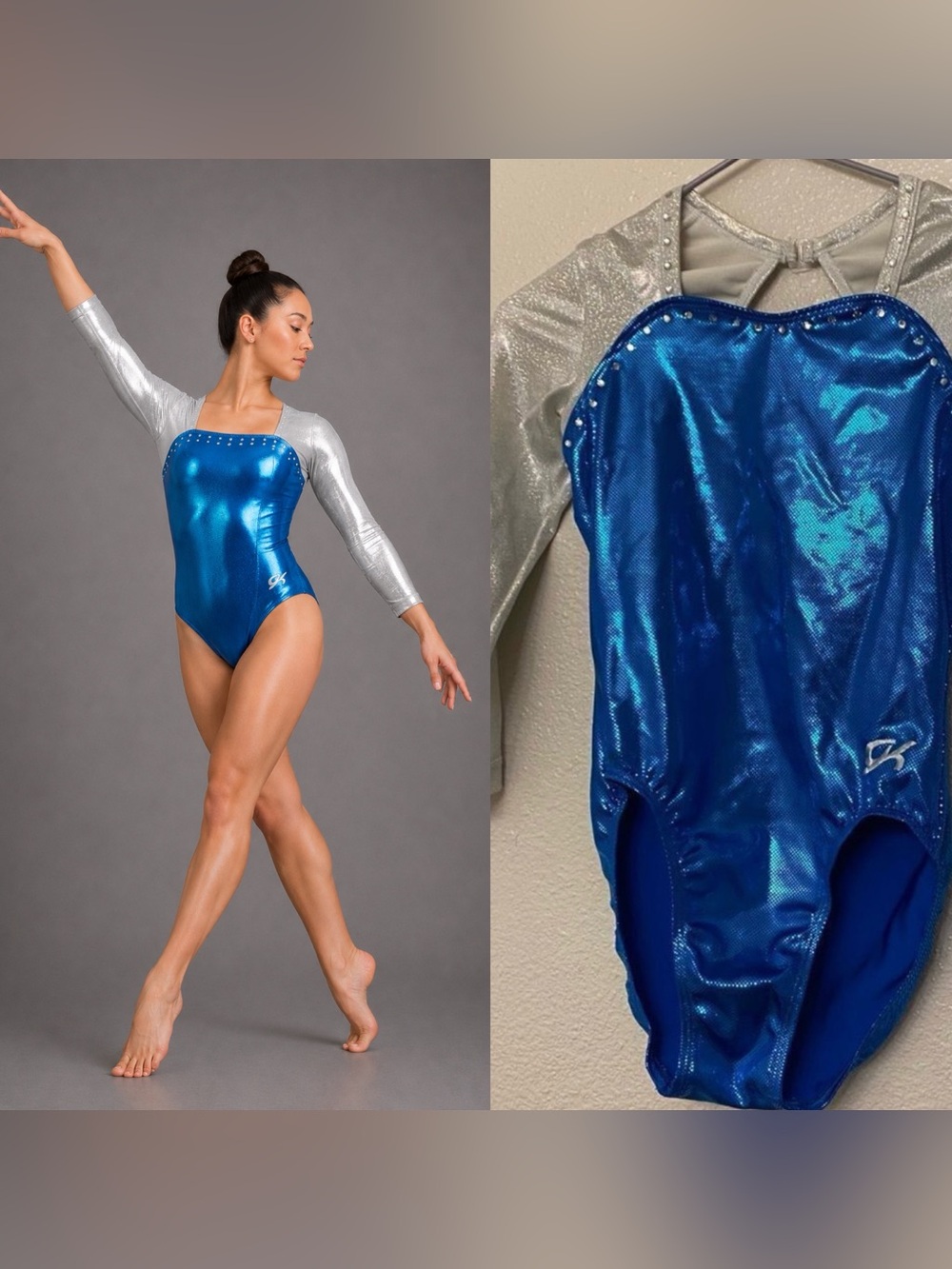 GK elite gymnastic competition leotard 3/4 long sleeve blue silver rhinestone SA
